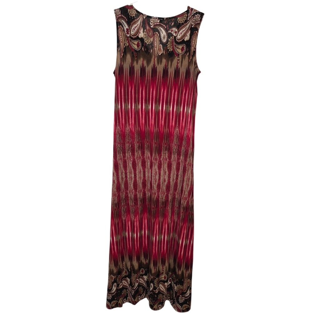 Red Paisley Ikat Print Sleeveless V-Neck Knot Front Maxi Dress Large - Picture 9 of 11